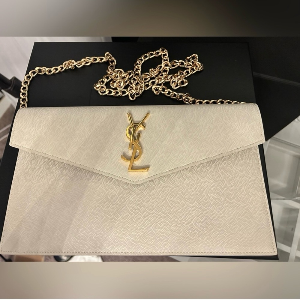Yves Saint Laurent Cream and Gold Clutch with Elegant Chain Accents